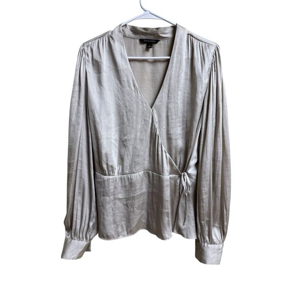 Banana Republic Tops - Banana Republic Wrap Blouse Womens L Beige Satin Long Sleeve Tie Waist